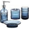 4-Piece Bathroom Accessories Set - Blue Glass Decor Set - WHOLE HOUSEWARES Soap Dispenser, Toothbrush Holder, Vanity Tray and Jar - Elegant Boho Bathroom Countertop Organizer view 1