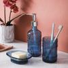 4-Piece Bathroom Accessories Set - Blue Glass Decor Set - WHOLE HOUSEWARES Soap Dispenser, Toothbrush Holder, Vanity Tray and Jar - Elegant Boho Bathroom Countertop Organizer view 3