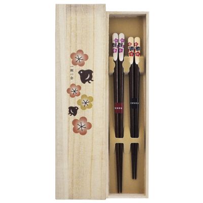 1 Pair Couple Chopsticks Painted Chopsticks Kizen Paulownia Box Plum and Houndstooth 2 Pairs Made in Japan