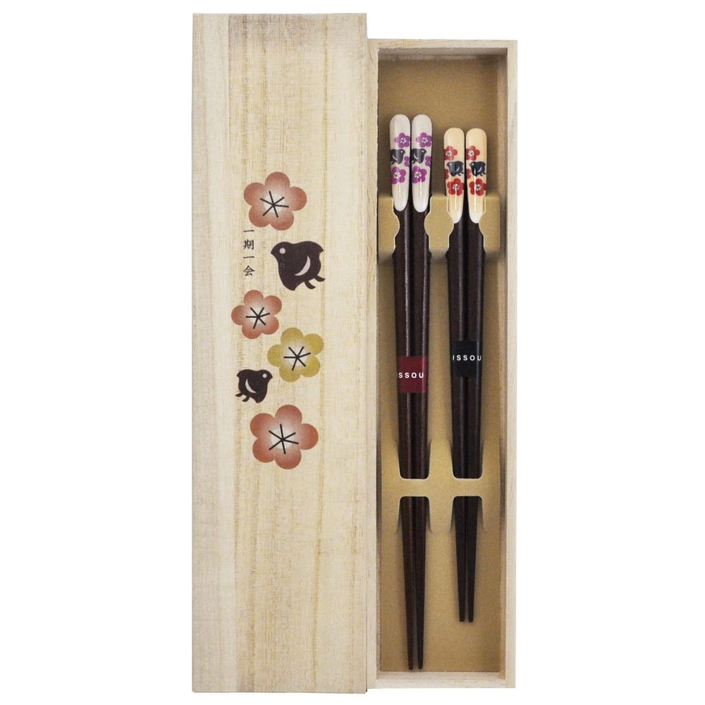 1 Pair Couple Chopsticks Painted Chopsticks Kizen Paulownia Box Plum and Houndstooth 2 Pairs Made in Japan
