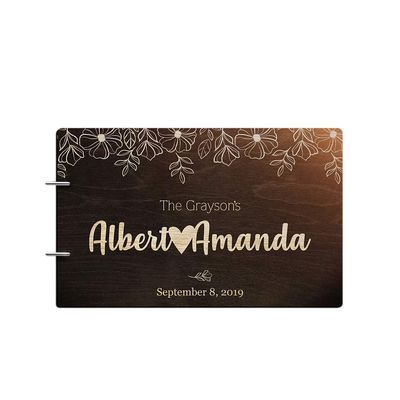 Just Customized Personalized Handmade Mr Mrs Wedding Guest Book for Bride and Groom Wood Alternative Custom Engraved Newlywed Marriage Album (Design 05, Chocolate Walnut)