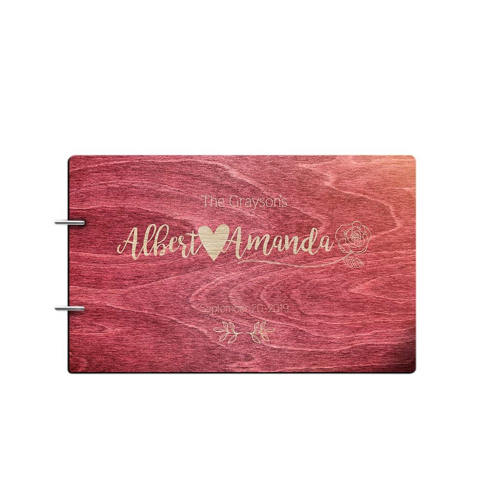 Just Customized Personalized Handmade Mr Mrs Wedding Guest Book for Bride and Groom Wood Alternative Custom Engraved Newlywed Marriage Album (Design 09, Rosewood)