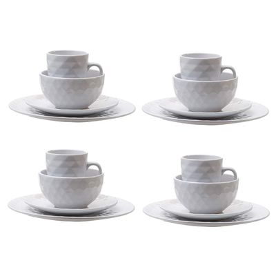 A&B Home Large 16 Piece Dinnerware Set, Glossy Cream Stoneware Plates, Bowls, Mugs, French Country Geometric Design Kitchenware, Serves 4 People