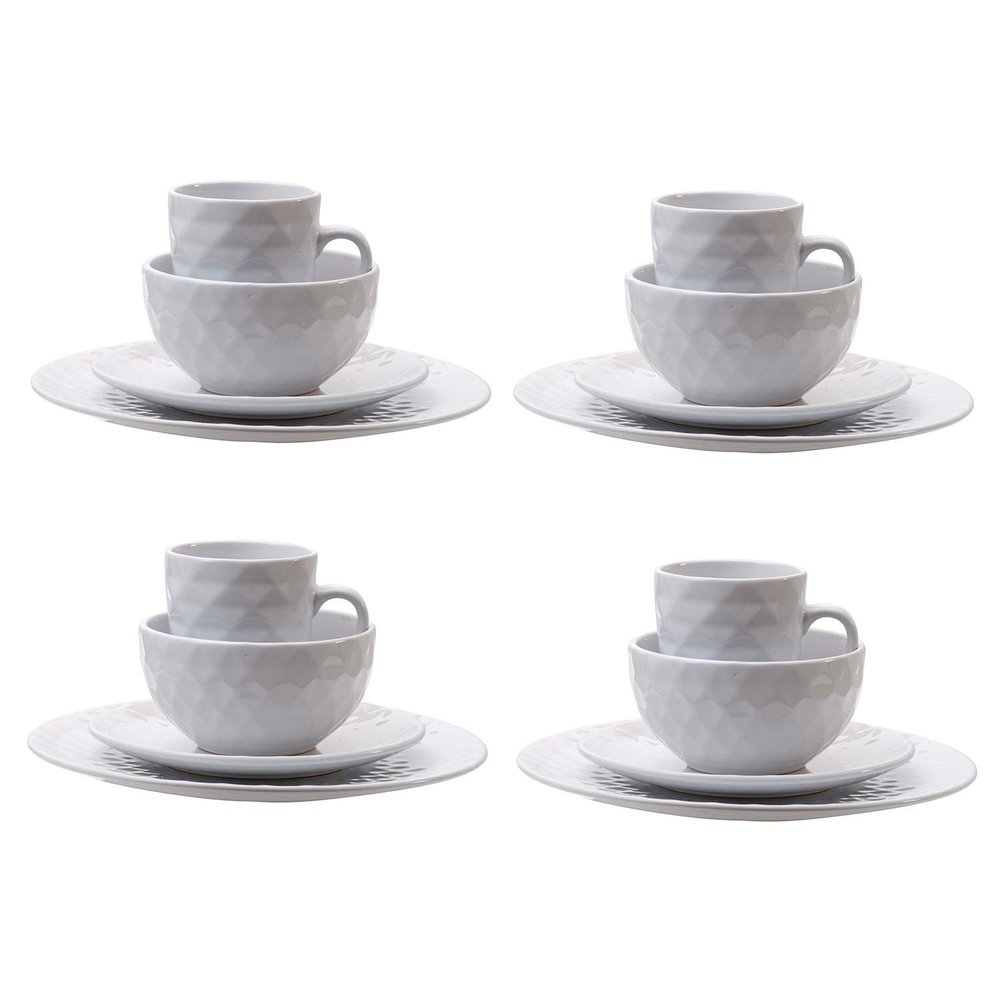 A&B Home Large 16 Piece Dinnerware Set, Glossy Cream Stoneware Plates, Bowls, Mugs, French Country Geometric Design Kitchenware, Serves 4 People