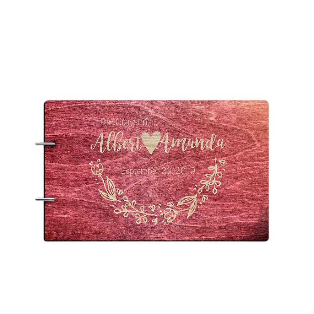 Just Customized Personalized Handmade Mr Mrs Wedding Guest Book for Bride and Groom Wood Alternative Custom Engraved Newlywed Marriage Album (Design 03, Rosewood)