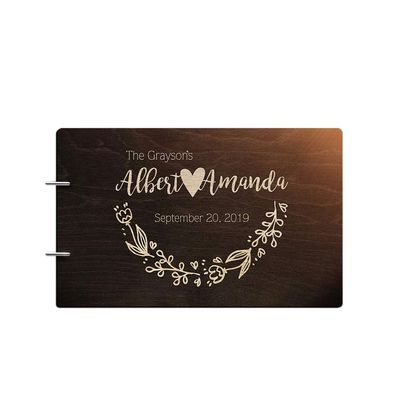 Just Customized Personalized Handmade Mr Mrs Wedding Guest Book for Bride and Groom Wood Alternative Custom Engraved Newlywed Marriage Album (Design 03, Chocolate Walnut)