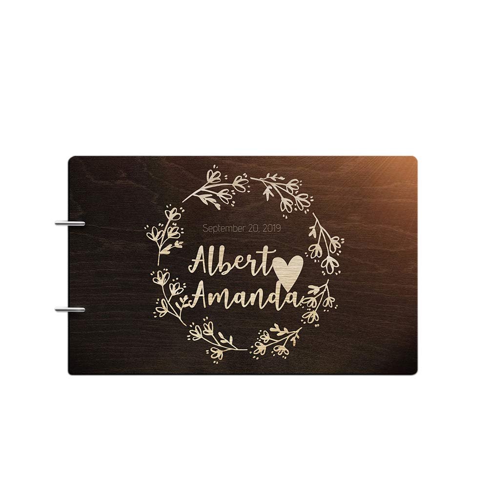 Just Customized Personalized Handmade Mr Mrs Wedding Guest Book for Bride and Groom Wood Alternative Custom Engraved Newlywed Marriage Album (Design 01, Chocolate Walnut)