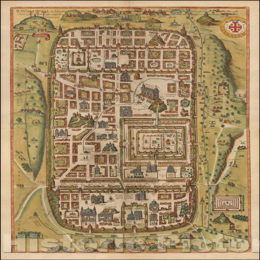 Jerusalem and Suburbs in the Time of Christ - 1588 Historical Map Print - 44in x 65in