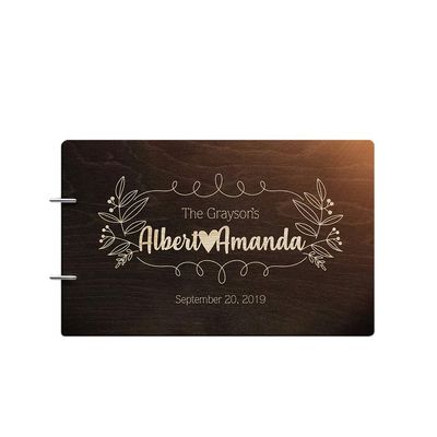 Just Customized Personalized Handmade Mr Mrs Wedding Guest Book for Bride and Groom Wood Alternative Custom Engraved Newlywed Marriage Album (Design 07, Chocolate Walnut)