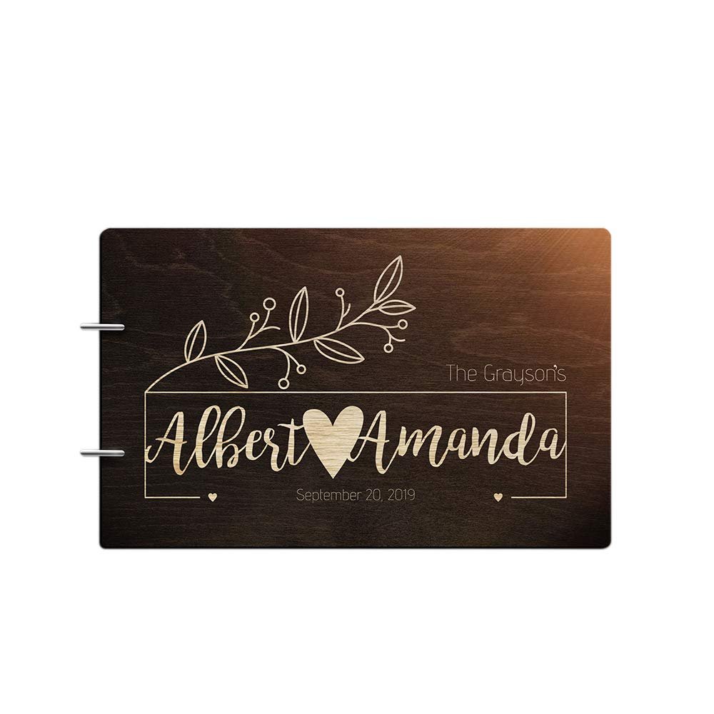 Just Customized Personalized Handmade Mr Mrs Wedding Guest Book for Bride and Groom Wood Alternative Custom Engraved Newlywed Marriage Album (Design 02, Chocolate Walnut)