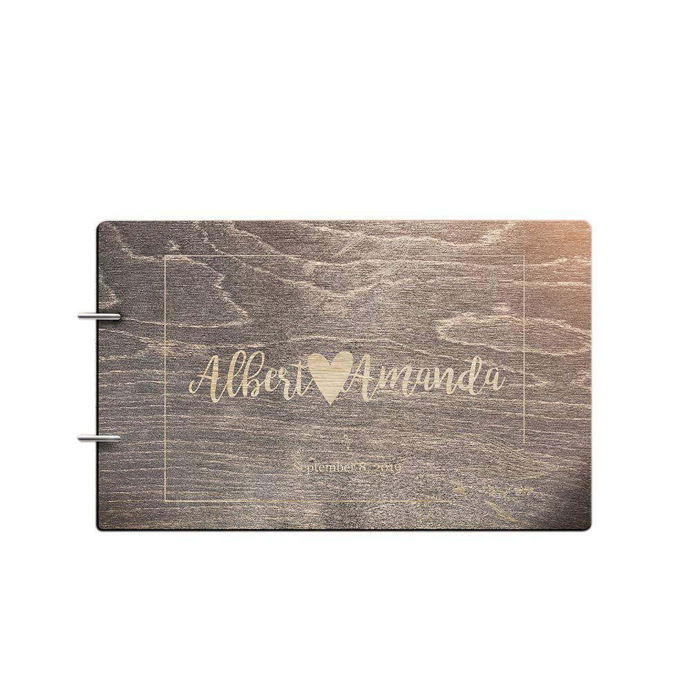 Just Customized Personalized Handmade Mr Mrs Wedding Guest Book for Bride and Groom Wood Alternative Custom Engraved Newlywed Marriage Album (Design 04, Black Walnut)