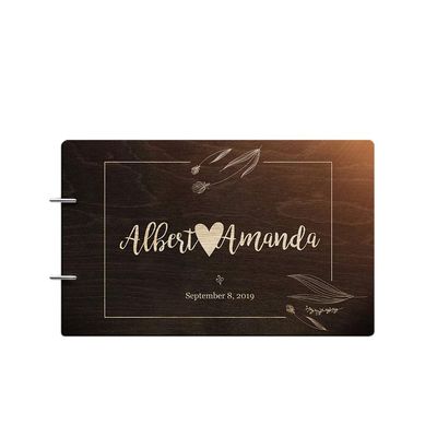 Just Customized Personalized Handmade Mr Mrs Wedding Guest Book for Bride and Groom Wood Alternative Custom Engraved Newlywed Marriage Album (Design 04, Chocolate Walnut)