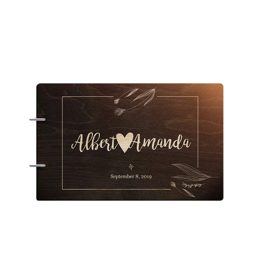 Just Customized Personalized Handmade Mr Mrs Wedding Guest Book for Bride and Groom Wood Alternative Custom Engraved Newlywed Marriage Album (Design 04, Chocolate Walnut)