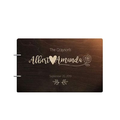 Just Customized Personalized Handmade Mr Mrs Wedding Guest Book for Bride and Groom Wood Alternative Custom Engraved Newlywed Marriage Album (Design 09, Chocolate Walnut)