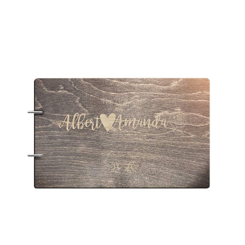 Just Customized Personalized Handmade Mr Mrs Wedding Guest Book for Bride and Groom Wood Alternative Custom Engraved Newlywed Marriage Album (Design 09, Black Walnut)