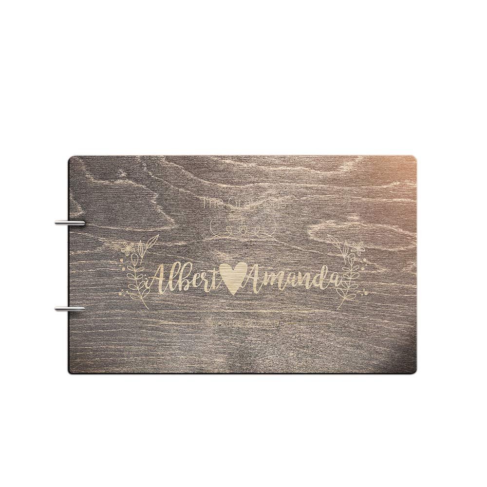 Just Customized Personalized Handmade Mr Mrs Wedding Guest Book for Bride and Groom Wood Alternative Custom Engraved Newlywed Marriage Album (Design 08, Black Walnut)