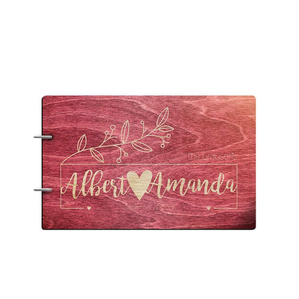 Just Customized Personalized Handmade Mr Mrs Wedding Guest Book for Bride and Groom Wood Alternative Custom Engraved Newlywed Marriage Album (Design 02, Rosewood)