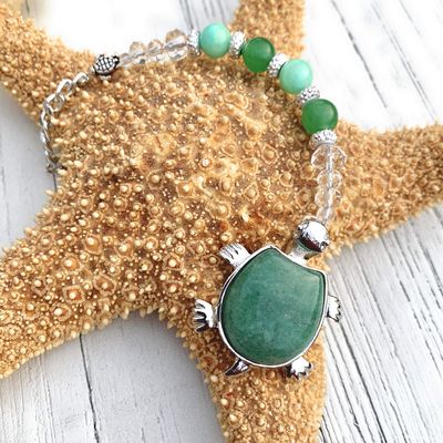 Sea Turtle Rear View Mirror Charm - Handmade Crystal Suncatcher with Green Aventurine Gemstone - Car Accessories Window Ornament