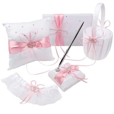 Engerla Bridal Five Wedding Accesorries Sets Pink Wedding Guest Wedding Ceremony Supplies Party Favor Sets Wedding Flower Girl Basket Guest Book Pen with Ring Pillow and Garter