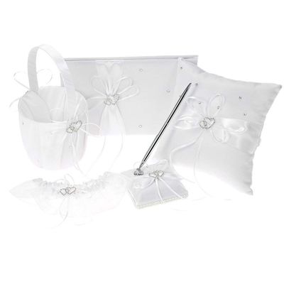 Engerla Bridal Five Wedding Accesorries Sets White Wedding Guest Wedding Ceremony Supplies Party Favor Sets Wedding Flower Girl Basket Guest Book Pen with Ring Pillow and Garter