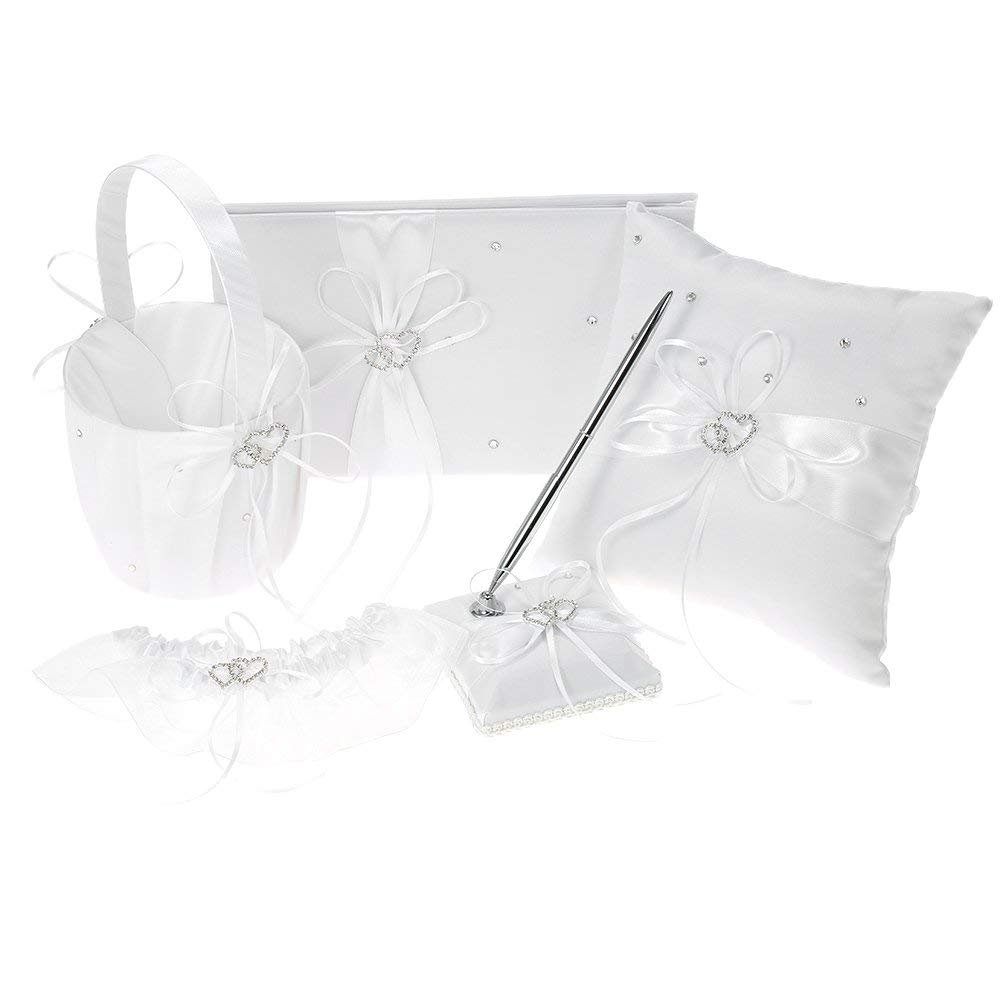 Engerla Bridal Five Wedding Accesorries Sets White Wedding Guest Wedding Ceremony Supplies Party Favor Sets Wedding Flower Girl Basket Guest Book Pen with Ring Pillow and Garter