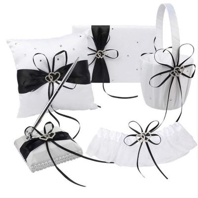 Engerla Bridal Five Wedding Accesorries Sets Black Wedding Guest Wedding Ceremony Supplies Party Favor Sets Wedding Flower Girl Basket Guest Book Pen with Ring Pillow and Garter
