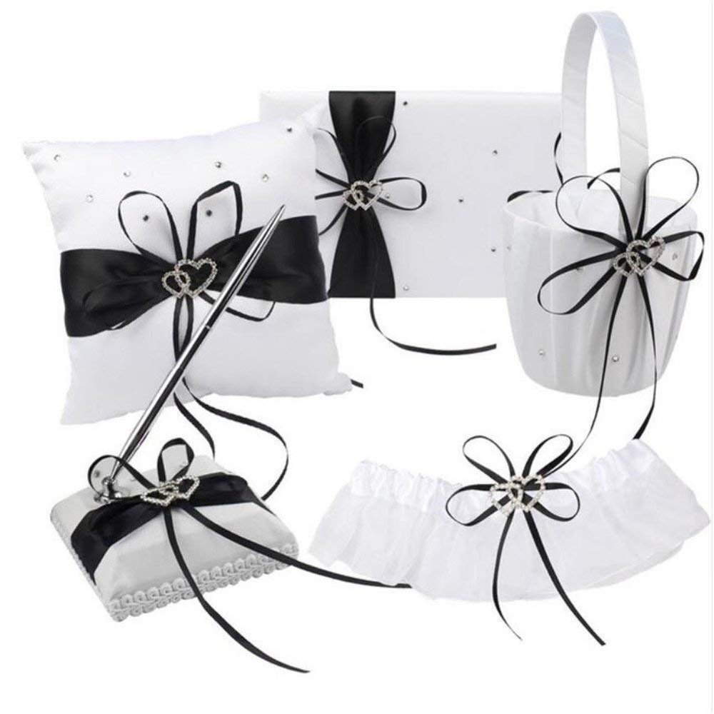 Engerla Bridal Five Wedding Accesorries Sets Black Wedding Guest Wedding Ceremony Supplies Party Favor Sets Wedding Flower Girl Basket Guest Book Pen with Ring Pillow and Garter