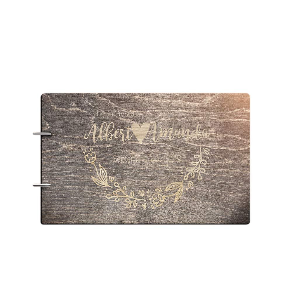 Just Customized Personalized Handmade Mr Mrs Wedding Guest Book for Bride and Groom Wood Alternative Custom Engraved Newlywed Marriage Album (Design 03, Black Walnut)