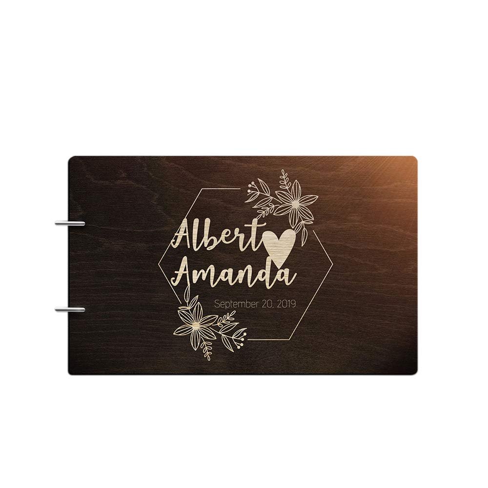Just Customized Personalized Handmade Mr Mrs Wedding Guest Book for Bride and Groom Wood Alternative Custom Engraved Newlywed Marriage Album (Design 06, Chocolate Walnut)