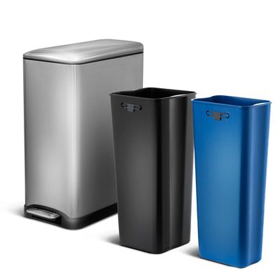 Home Zone Living 13 Gallon Slim Kitchen Trash Can with Dual Compartments for Trash and Recycling, Soft Close Lid, Step Pedal, Stainless Steel, Silver, Gen 1