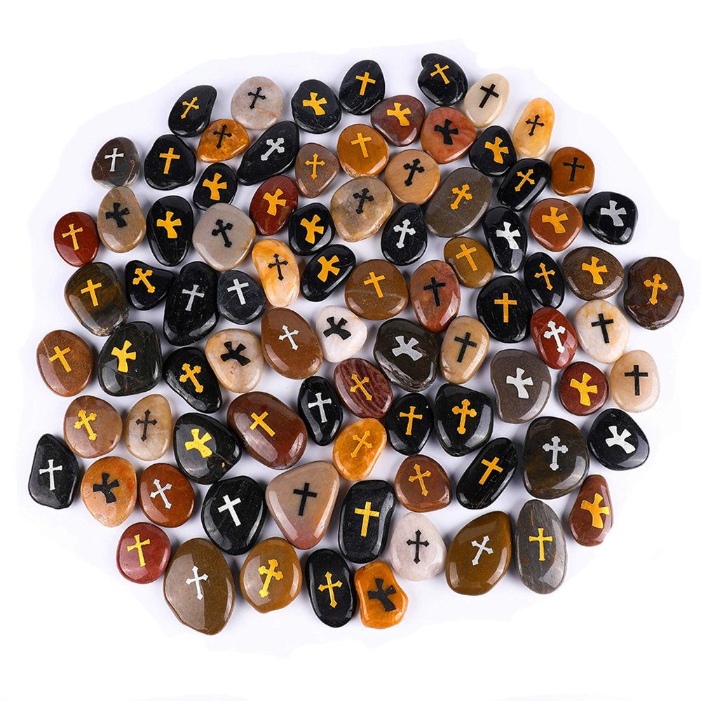 ROCKIMPACT 100PCS Cross Engraved Rocks Inspirational Stones Clinging Cross Heavenly Blessings Gifts Faith Stones Novelty Gratitude Rocks Healing Prayer Stones Encouragement Rocks Wholesale, 2"-3" ea