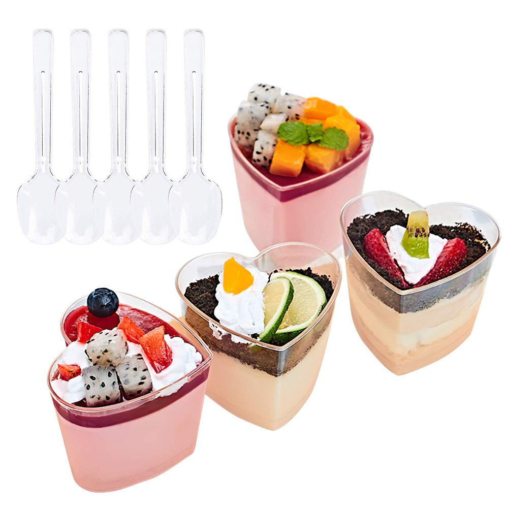 Foraineam 50 Pack 5 oz. Dessert Cup with 50 Spoons, Clear Plastic Appetizer Cups, Valentine's Day Heart-shape Parfait Cup Serving Bowls, Disposable or Reusable