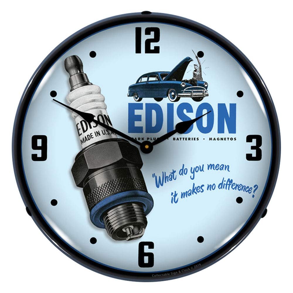 Edison Spark Plugs LED Wall Clock, Retro/Vintage, Lighted, 14 inch