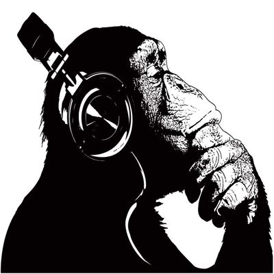 Thinking Monkey Wall Art Sticker - Banksy Dj Chimp Decal - The Thinker Gorilla with Headphones Home Decals - Street Art Graffiti Mural Print