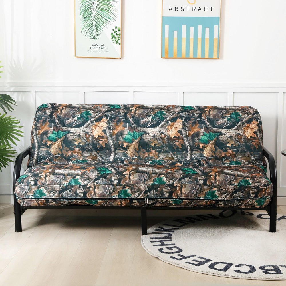 OctoRose Full Size 3 Side Zipper Linen Printing Camo Green Futon Cover Sofa DayBed Couch Mattress Slipcover (Oxford-camo, Full Size)