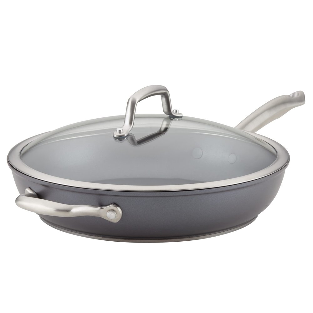 Anolon Accolade Forged Hard Anodized Nonstick Deep Frying Pan / Skillet with Helper Handle and Lid, 12 Inch - Moonstone Gray