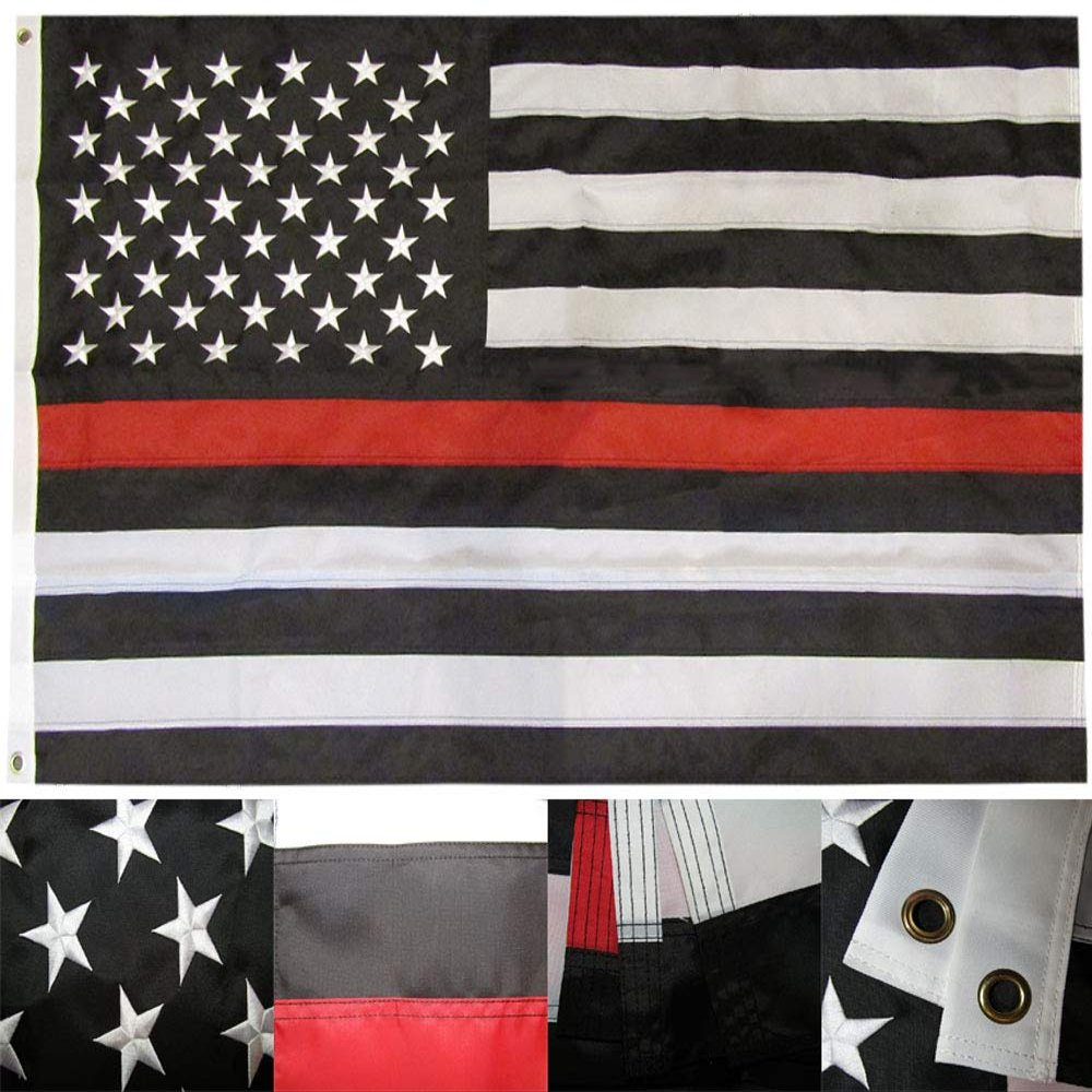 American Wholesale Superstore 3x5 USA Thin Red Line Fire Fighter Dept Department Memorial 3'x5' 210D Nylon Embroidered Premium Quality Heavy Duty Flag With 2 Clips (RUF)