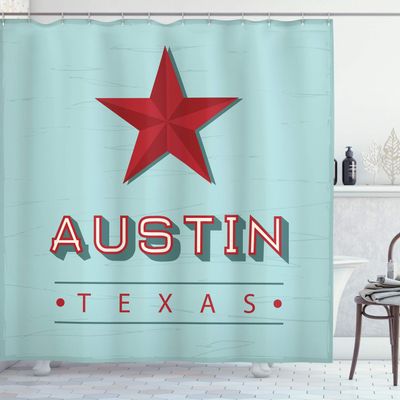 Ambesonne Austin Shower Curtain, Texas Wording with a Star State Country Symbolic Design, Cloth Fabric Bathroom Decor Set with Hooks, 69" W x 84" L, Ruby Pale Seafoam