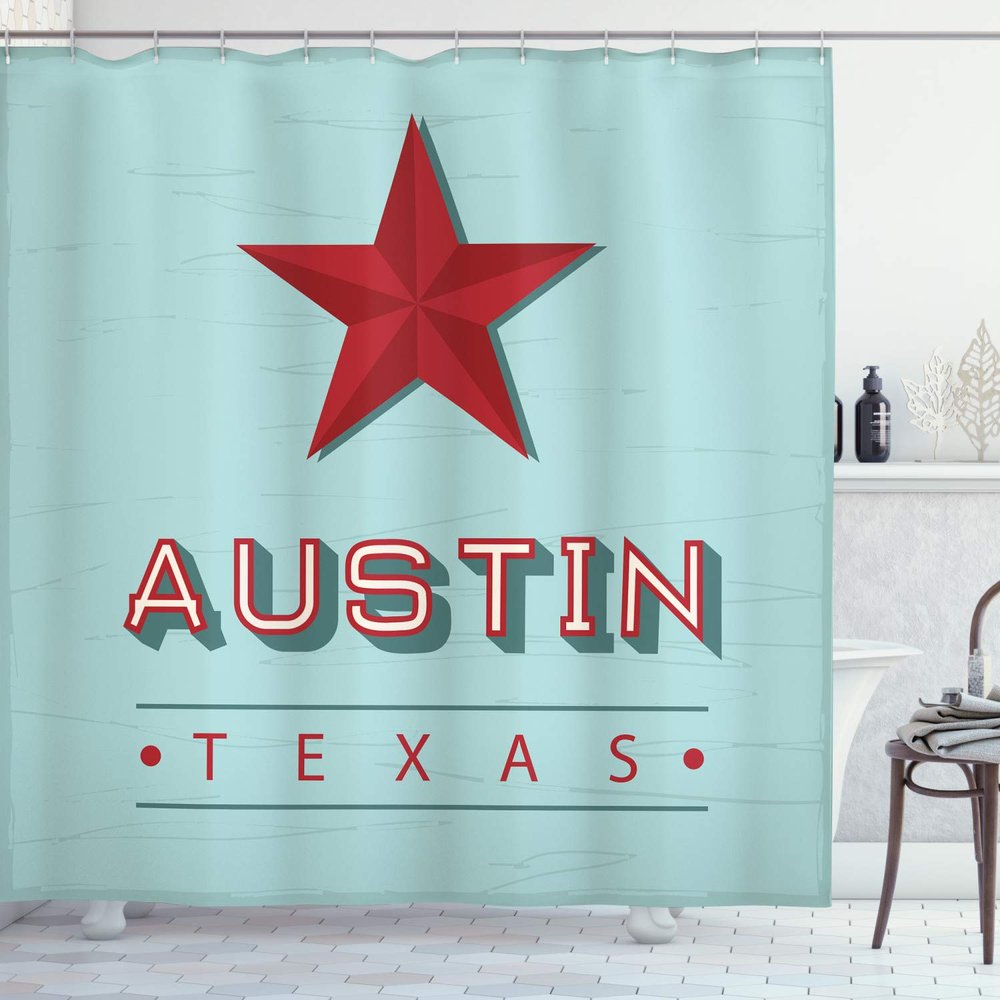 Ambesonne Austin Shower Curtain, Texas Wording with a Star State Country Symbolic Design, Cloth Fabric Bathroom Decor Set with Hooks, 69" W x 84" L, Ruby Pale Seafoam