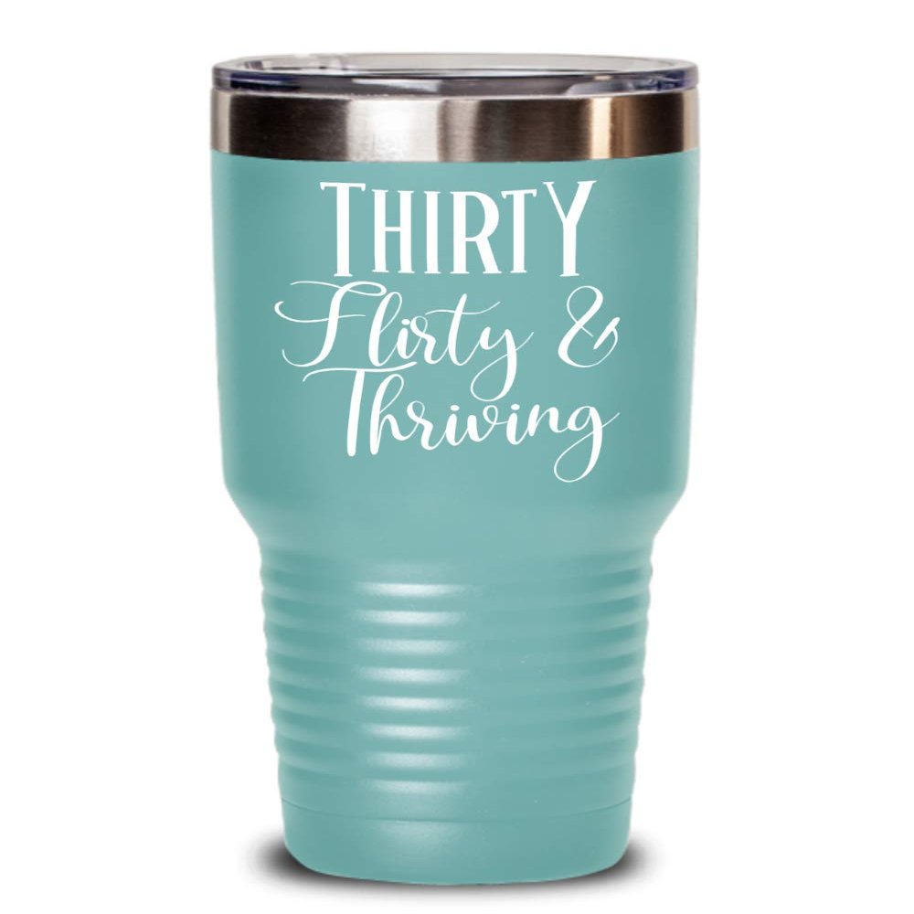 30th Birthday Gift for Women Tumbler Mug Thirty Flirty and Thriving Funny Coffee Comment Tea Cup Gag Gifts for Thirty Years Old