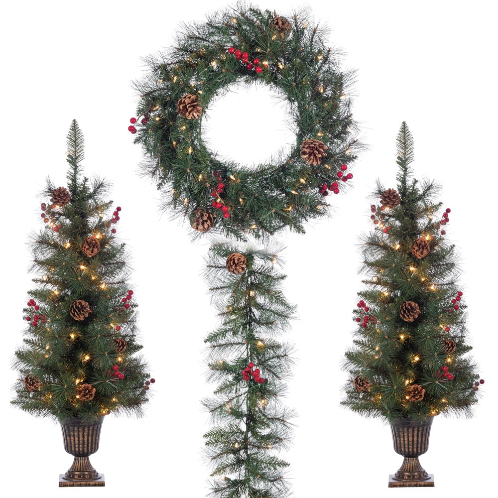 Deluxe 4 Piece Jefferson Pine Holiday Decor Set with Clear and Warm White Lights