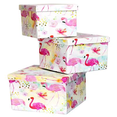 ALEF Elegant Flamingo-Themed Decorative Nesting Gift Boxes  Set of 3  Beautifully Designed Storage Boxes  Small (3.62"x3.62"x4.25"), Medium (4.5"x4.5"x4.62"), Large (5.25"x5.25"x5.125")
