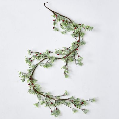 59" Artificial Green Leaves and Red Berries Christmas Glitter Garland