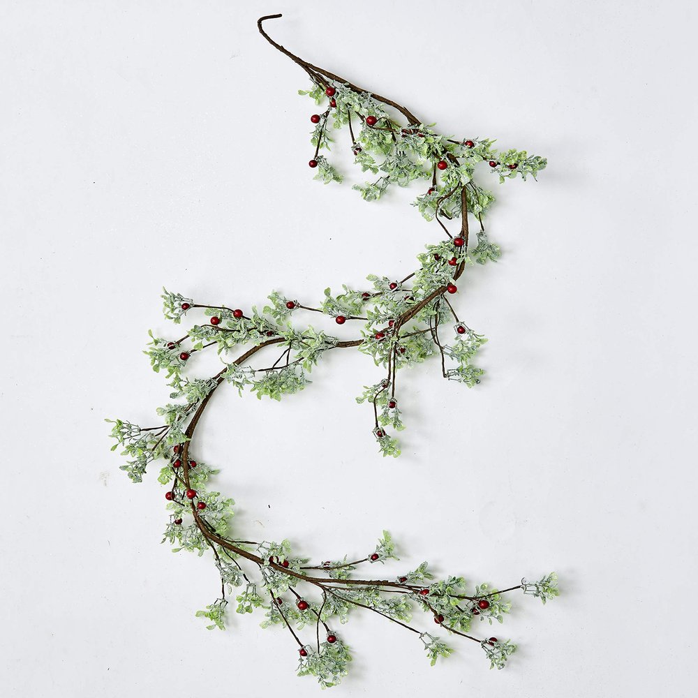 59" Artificial Green Leaves and Red Berries Christmas Glitter Garland