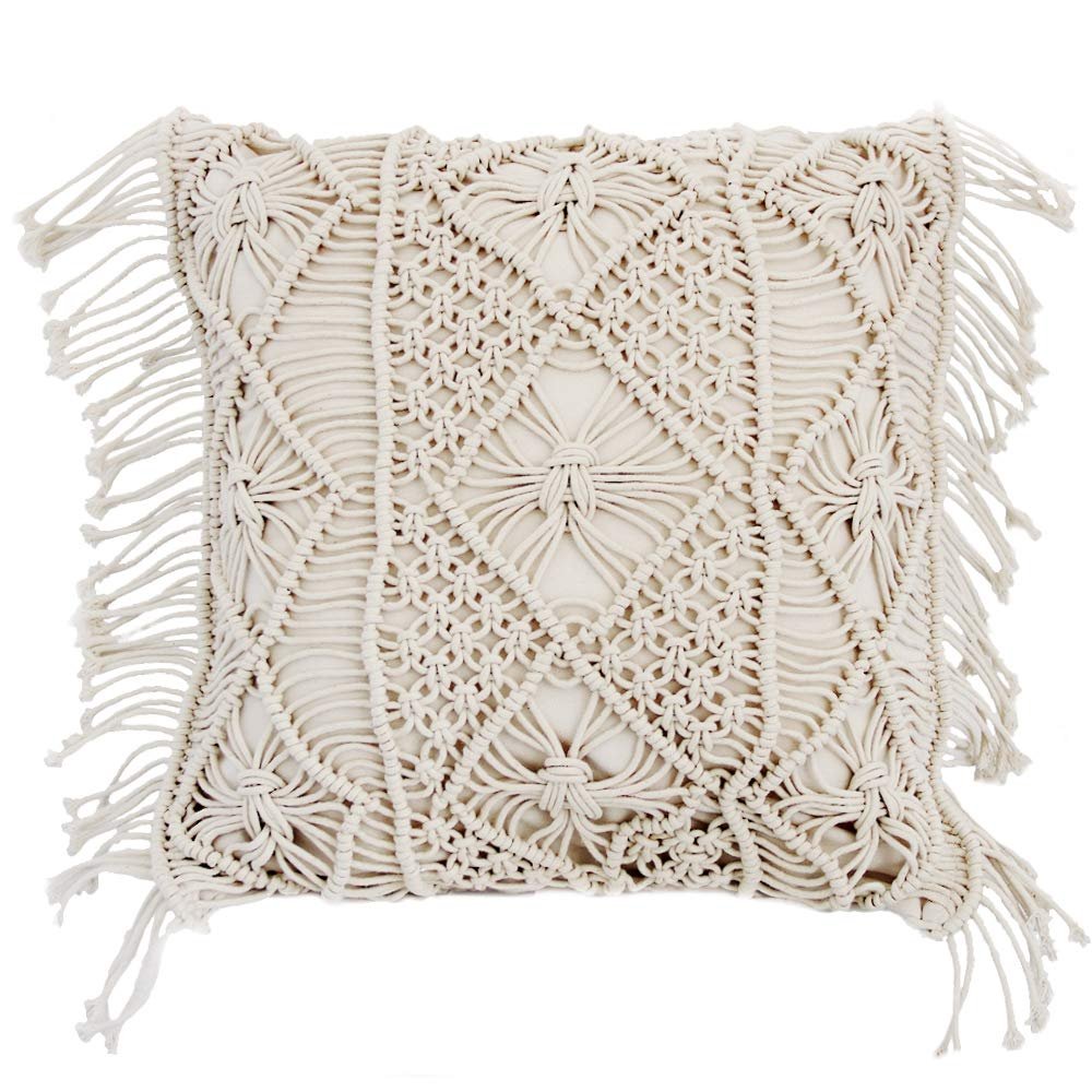 18'' Handwoven Macrame Rope Throw Pillow Cover Case Tassel Knitted Decorative Square Cushion Case Pillowcase for Sofa Bedroom Car Couch Chair,Bohemian Style Home Decor