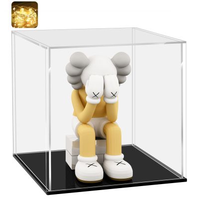 LANSCOERY Acrylic Display Case, 8x8x8 in, Upgraded Thickened UV-Resistant Showcase, 98% Clarity Dustproof Box with Glossy Black Base for Action Figures, LEGO & Models, Includes Scraper & LED Light