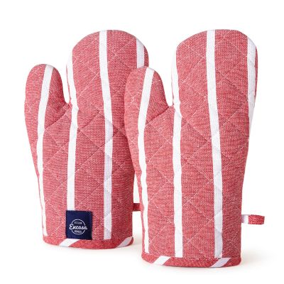 Encasa XO Long 12"x7" Oven Microwave Hand Gloves Mitts (2 pc Set) for Kitchen Cooking & Baking - Heat Resistant, Thick & Safe, Protection of Hands from Hot Utensils - Roma Red Stripes