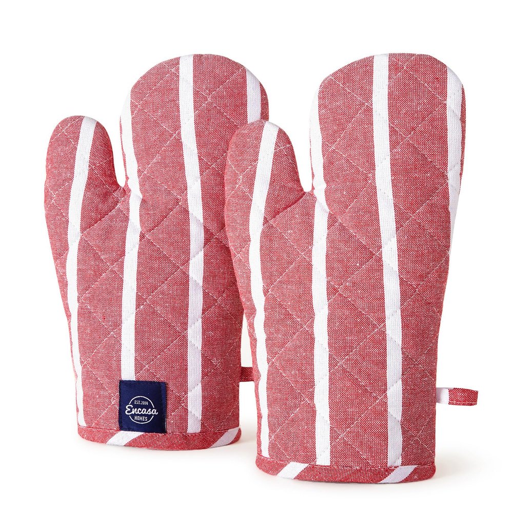 Encasa XO Long 12"x7" Oven Microwave Hand Gloves Mitts (2 pc Set) for Kitchen Cooking & Baking - Heat Resistant, Thick & Safe, Protection of Hands from Hot Utensils - Roma Red Stripes