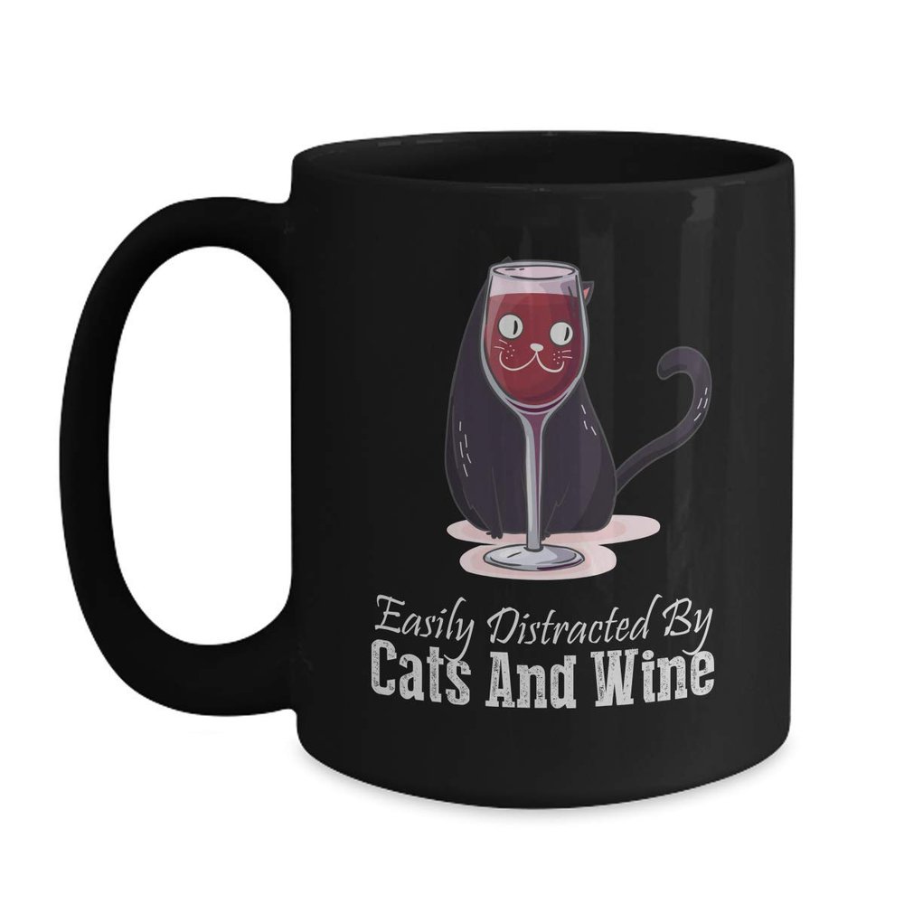 BeeTeeStore Cats and Wine Coffee Mug - Easily Distracted Design - 15oz Black Ceramic Tea Cup for Cat Lovers and Wine Enthusiasts - National Cat Day & Pet Owner Gifts