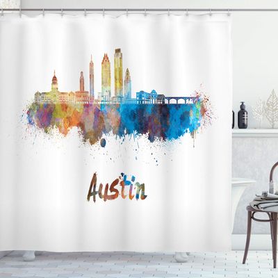 Ambesonne Austin Shower Curtain, Typographic Design with Paint Splatters Illustrated in an Composition, Cloth Fabric Bathroom Decor Set with Hooks, 69" W x 84" L, White Cream
